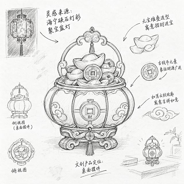 海宁博物馆文创产品设计草稿图第一张：概念灵感草图，手绘铅笔线稿风格，白色画纸背景，画面中央是基于参考图中传统灯彩聚宝盆造型的文创产品初步构思草图，包含元宝堆叠造型、古钱币元素、如意云纹轮廓，旁边标注设计说明文字和灵感来源箭头，标注文字为"灵感来源：海宁硖石灯彩 聚宝盆灯"，整体为设计师手绘草稿质感，线条流畅自然，有橡皮擦修改痕迹，文创产品定位为桌面摆件