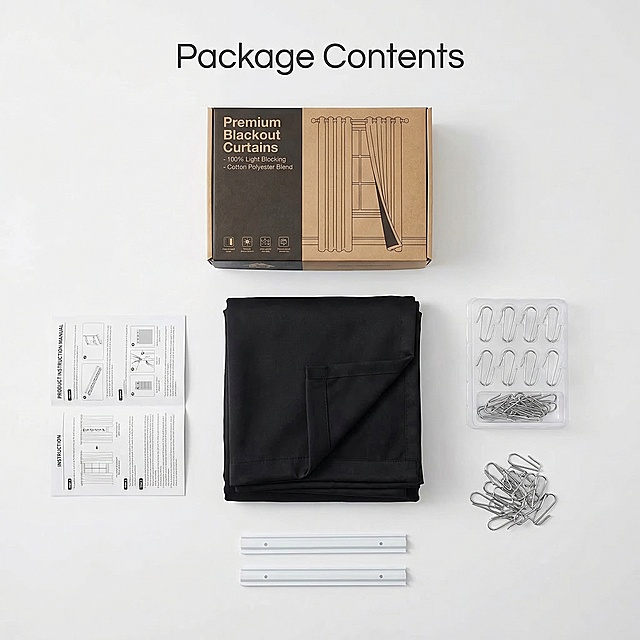 Knolling flat lay of the product packaging and accessories for black cotton polyester curtains, a folded pure black curtain is placed at center, around it are the product instruction manual, metal curtain hooks, and original packaging box. The whole arrangement is on a clean white background. Top title "Package Contents", clear and neat product showcase, all elements are clearly visible. All text in English, commercial product photography, 1:1 square image, photorealistic