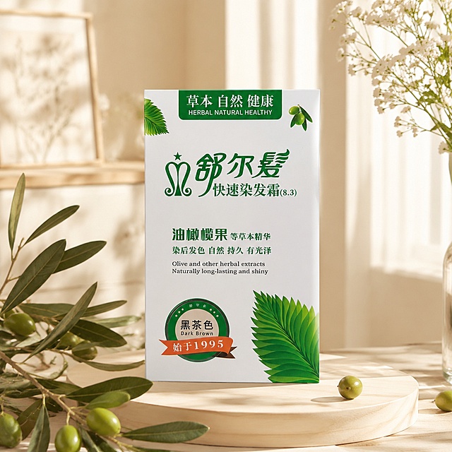 超写实商品摄影，家居治愈风。
主体：舒尔发快速染发霜包装盒严格参照上传产品图，完整保留所有可见文字信息（logo/品名/规格/参数），与上传图完全一致；自然融入场景光影，产品为第一视觉焦点，背景无同类美妆产品。突出卖点：快速染发，自然，持久，不伤头皮。
构图：居中平视，产品占画面约65%，整体构图简洁突出主体。
风格：家居治愈风，温馨生活化。
场景：居家温柔角落，法式奶油氛围感，体现天然草本产品特性。
陈列：①浅色奶油木质展台，哑光奶白色；②展台旁点缀新鲜橄榄枝叶，自然绿色；③角落放一小束白色小花增添生机。
配色/材质：奶白色/浅木色/橄榄绿，柔和低饱和度。木质/新鲜植物叶片。
光影：主光从斜前方45°漫射入，暖调柔和治愈光影，产品包装有自然反光，整体氛围温馨明亮。
参数：4K超高清写实。严格锁定宽高比为1:1。