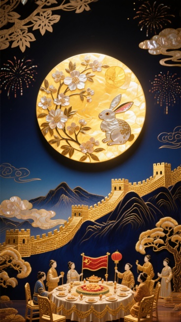 中心是一轮螺钿漆画工艺打造的圆月悬浮于中央，月面用贝片拼出玉兔与桂花纹样，月光透出暖金色光晕，月亮下方是刺绣金线勾勒的长城轮廓，蜿蜒起伏，底层是深蓝色渐变夜空，点缀剪纸风格的烟花，中层是皮影戏光影效果预览效果