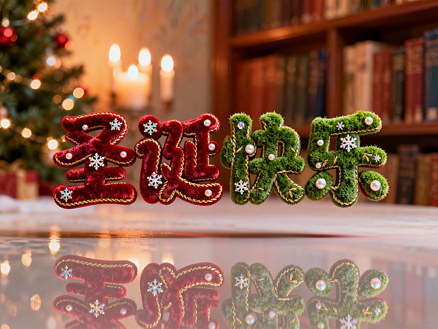 3D渲染，艺术字“圣诞快乐”，字体由红色天鹅绒和绿色苔绒制成，表面镶嵌着微小的珍珠母贝雪花和金色刺绣线。字体悬浮在空气中，下方是倒影。背景是虚化的、闪烁着烛光的圣诞树和书架，整体呈现温暖复古的油画色调，有柔美的景深。