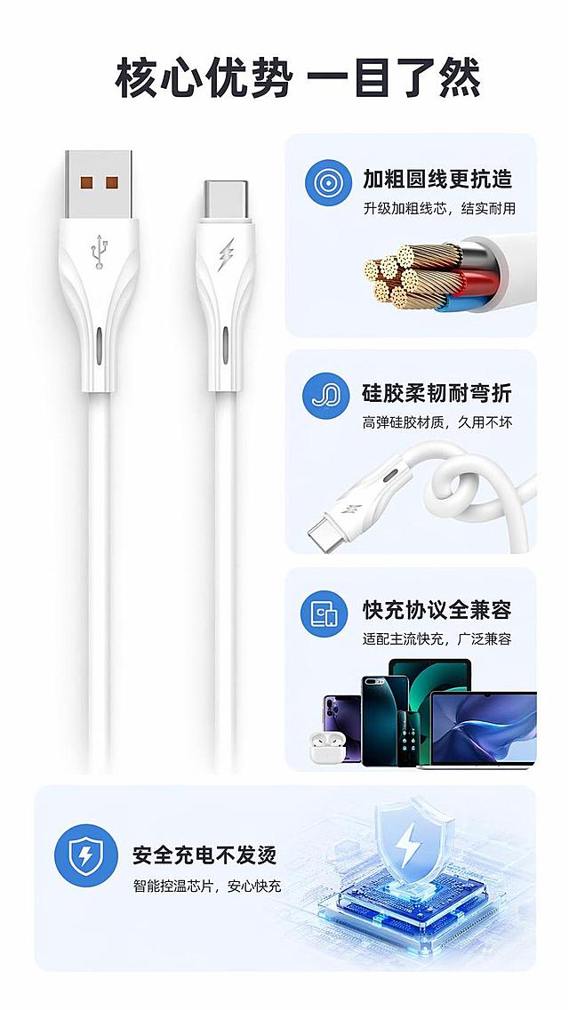 现代感科技风设计，3D渲染呈现产品细节，融合赛博朋克元素与虚拟现实视觉效果，霓虹蓝光点缀金属质感，突出快充安全与耐用特性。