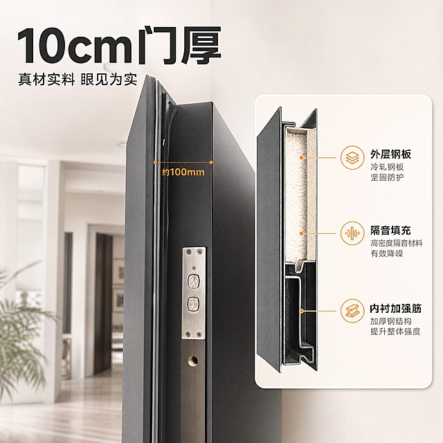 [主图-2] 厚度展示图，任务为结构证明：用侧面门厚实拍与剖面示意证明10cm门扇真材实料，突出外层钢板、隔音填充层与内衬加强筋的三层结构。
[统一基调] 风格=现代高端家居商业摄影；主标题字=现代无衬线粗体；辅助文字=简洁现代无衬线体；背景主色=暖白至浅暖灰细腻渐变；标题字色=深炭黑；辅助字色=中暖灰；强调色=暖橙色，仅用于小面积图标、引线、标签和局部光效；组件=圆角浅色信息卡、细线引线、圆角小图标；画面明亮自然光、浅木/米白环境。
[画面] 左侧主体为【图3】防盗门侧面厚度实拍图，门侧边与锁体导向片清晰，占画面约65%；右侧叠放圆角剖面放大框，以切面示意显示外层冷轧钢板、中间隔音填充层、内衬加强筋三层结构，并用暖橙细线引线连接“约100mm”测量标注；背景为暖白至浅暖灰渐变，地面带自然阴影，剖面框与实拍图衔接自然。
[光影质感] 右前侧暖柔光，金属侧边、锁舌孔与密封条有真实材质反光，剖面示意明暗层次干净，无悬浮感。
[配色] 沿用统一基调：深炭灰门体、暖白浅灰背景、标题深炭黑、辅助字中暖灰、暖橙仅用于尺寸引线、剖面标签与测量框。
[文字版式] 左上主标题大字“10cm门厚”，副标题“真材实料 眼见为实”，剖面图旁三个短标签“外层钢板”“隔音填充”“内衬加强筋”，全部横向排版，测量标注清晰不遮挡锁体与门体结构。
[输出要求] 1:1方形，文字清晰，剖面结构清楚；避免结构错乱、错字、竖排文字、门体变形、冷蓝背景、电商平台Logo/水印、绝对化用语。