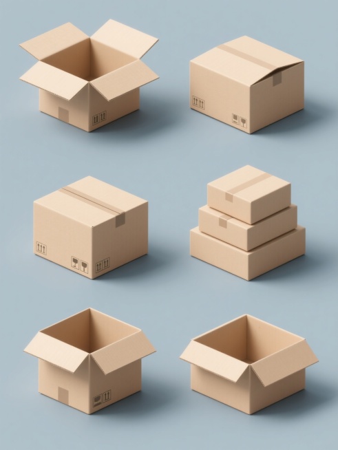 六个不同样式的3D立体箱子，以规整的网格状排布，简约现代风格，纯色背景，无任何文字、logo和水印。箱子采用不同的设计，包括开口、闭合、堆叠等样式，表面呈现出真实的纸箱材质质感，有细微的光影效果，立体感强，整体构图平衡对称，视觉层次清晰。预览效果