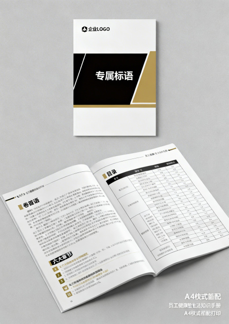 可打印的电力行业员工健康生活知识手册完整版式，采用黑白金高端简约配色，A4尺寸适配打印，封面预留企业LOGO放置区和专属标语替换位置，内文包含卷首语、目录、六大章节全部内容，层级清晰，重点内容用色块、预览效果