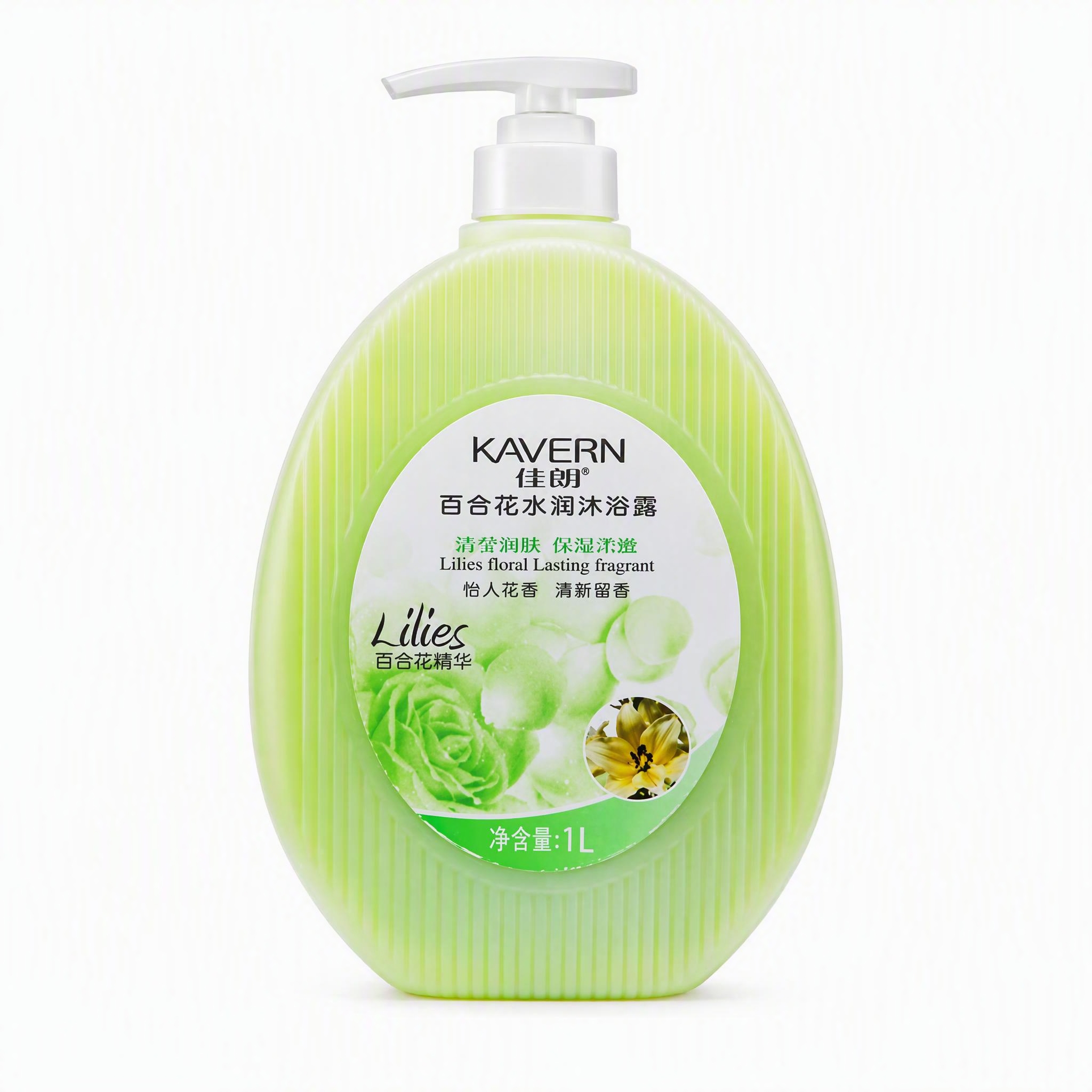 产品精修，浅绿色佳朗百合花水润沐浴露，1L椭圆瓶装，将泵头替换… - 图片创意预览