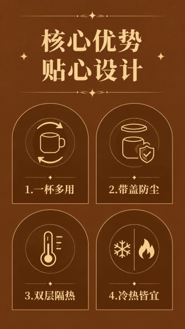 [第2屏] 核心卖点图标展示页-304多巴胺马克杯四大优势。本屏整体承载核心卖点信息输出。
[氛围/风格] 延续暖棕复古温馨风格，简约清晰图文排版，保持品牌视觉统一性。
[元素布局] 顶部大标题，下方预览效果