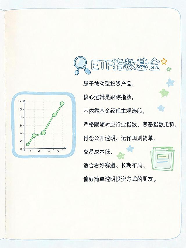 理财科普手账内页第一张，竖版3:4比例，柔和马卡龙配色，治愈可爱手绘卡通画风，画面干净细腻，4K高清。画面顶部和底部各预留约1/10空白区域用于添加logo。主题是ETF指数基金介绍。左侧画一个可爱的卡通指数走势图小图标，右侧是文字区域，标题为"ETF指数基金"，正文内容："属于被动型投资产品，核心逻辑是跟踪指数，不依靠基金经理主观选股，严格跟随对应行业指数、宽基指数走势，持仓公开透明、运作规则简单、交易成本低，适合看好赛道、长期布局、偏好简单透明投资方式的朋友。" 文字排版整齐清晰，周围点缀手绘小装饰：小放大镜、透明文件夹、星星贴纸，马卡龙蓝绿色调为主，手账风格，无乱码，合规金融科普