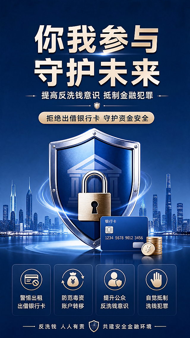 写实商业摄影风格，金融反洗钱宣传海报。主标题"你我参与 守护未来"，副标题"提高反洗钱意识 抵制金融犯罪"，装饰文案"拒绝出借银行卡 守护资金安全"。画面采用深蓝色基调，搭配盾牌和锁的元素，象征金融安全。四个卖点标签分别为"警惕出租出借银行卡"、"防范毒资账户转移"、"提升公众反洗钱意识"、"自觉抵制洗钱犯罪"。版式精美，构图居中，主标题醒目，信息分区清晰，整体简洁专业，色彩庄重，9:16竖版，超高清4K分辨率，四边留足安全边距，文字清晰可读不遮挡主体。