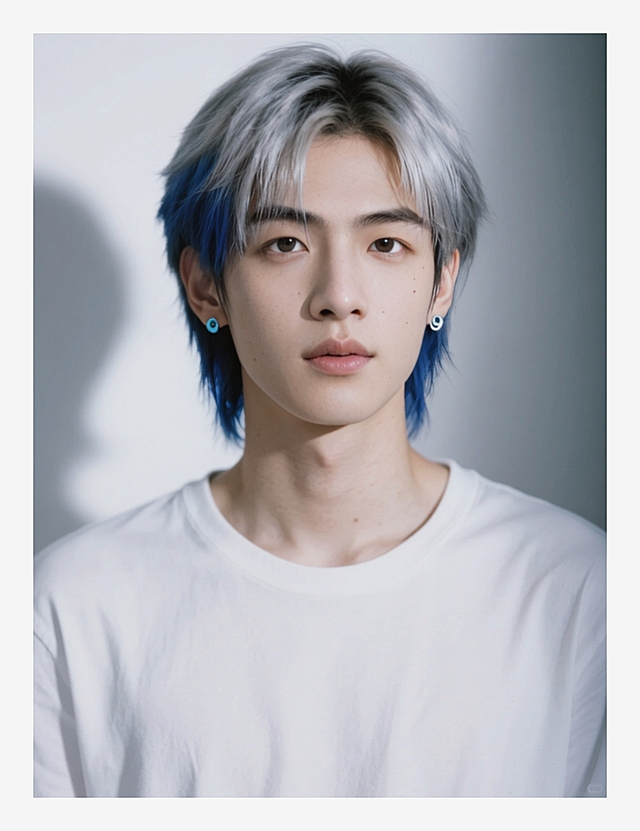 一个男生，狼尾短发，上半部分银色+下半部分蓝色头发；戴浅蓝色耳钉，穿白色T恤