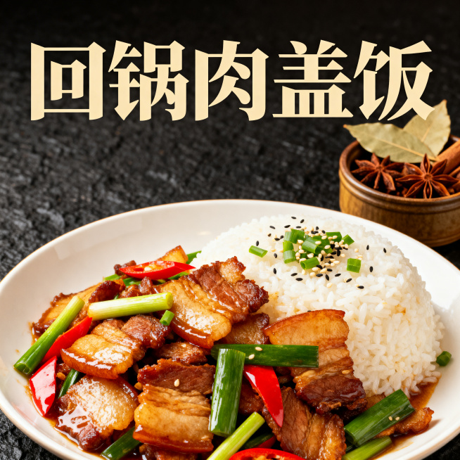 单张菜品海报，深色纹理质感背景，中式餐饮风格，包含食物实拍图和菜品名称，主体为回锅肉盖饭，搭配配菜香料点缀，和参考图风格一致，文字是“回锅肉盖饭”，排版清晰突出预览效果
