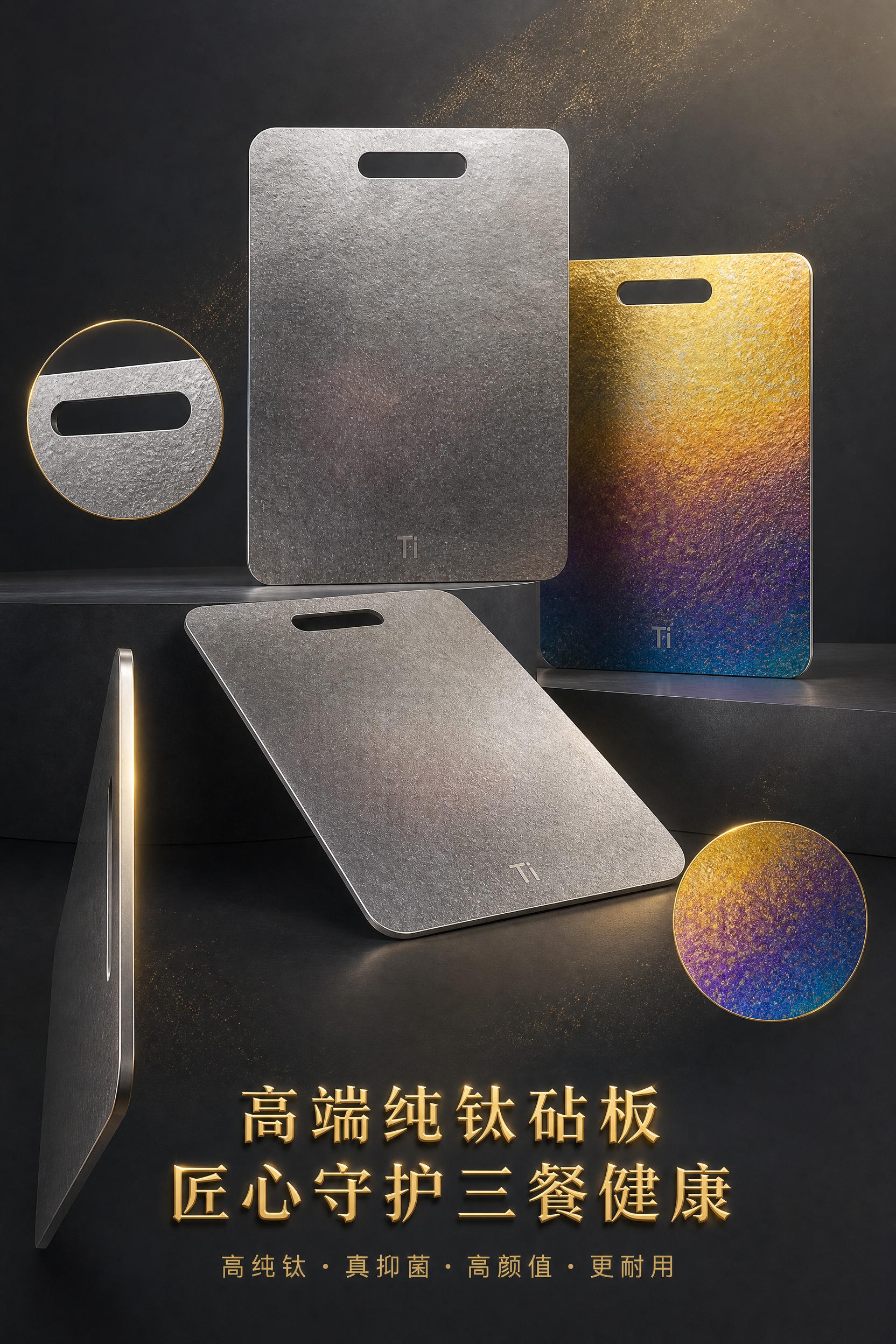 [商品] 使用上传的银灰冰花锤纹哑光面与炫彩鎏金氧化肌理面纯钛… - 图片创意预览