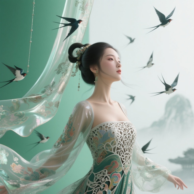 国风插画风格，传统色彩，色彩缤纷，透明发亮的传统图案绸缎布料从空中悬垂并随风舞动，美丽古典女子上半身特写，身着镂空服饰，群鸟疾飞，水墨意境，大面积留白，绿色背景，超现实主义与极简主义结合，简单色块，摄预览效果