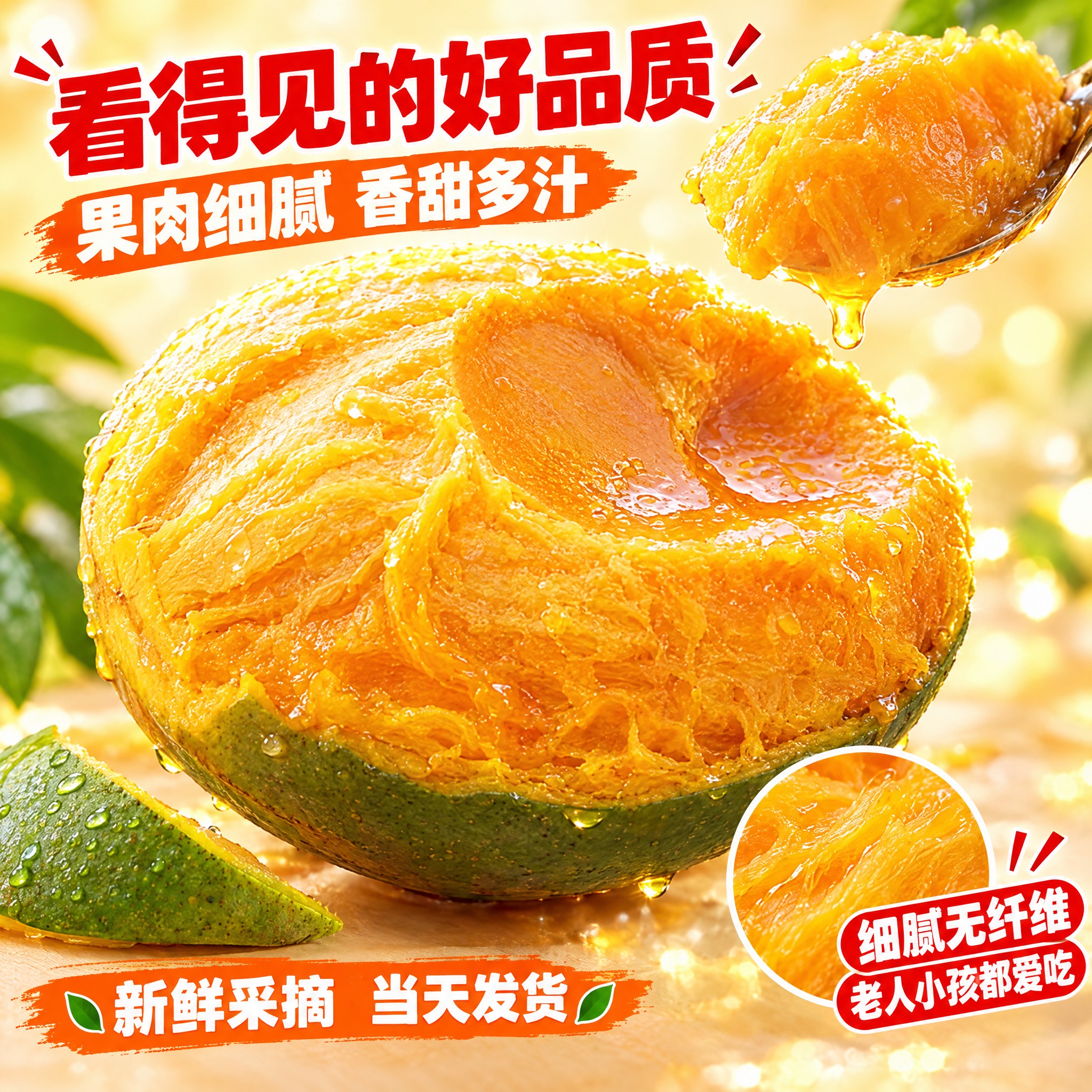 [主图-3] 攀枝花凯特芒果细节微距种草图，极致展示果肉质感与… - 图片创意预览