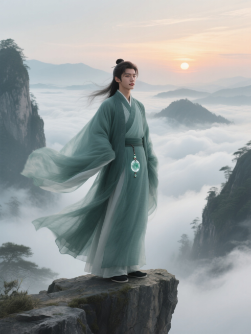 古风青衫剑客立于断崖，衣袂被山风掀起，背后是翻涌的云海与残阳，腰间玉佩泛着冷光，笼罩着水墨画般的淡墨晕染滤镜。预览效果