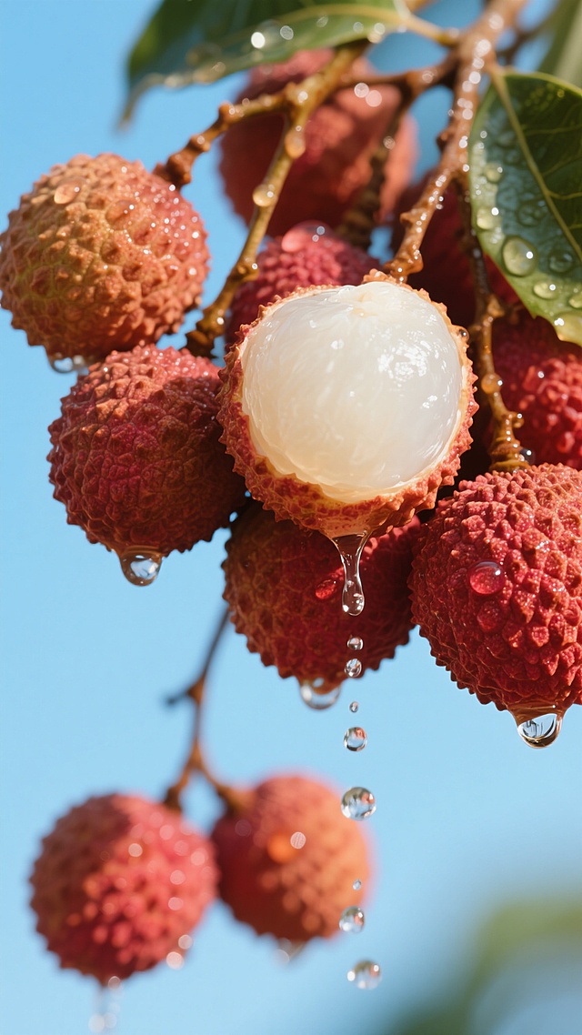 一串新鲜饱满的荔枝，果皮呈现鲜艳的红棕色，带有粗糙的颗粒质感，一颗荔枝被剥开，露出晶莹剔透、洁白如玉的果肉，荔枝果实和枝叶上挂着晶莹的水珠，水珠正从果实上滴落，形成清晰的水滴轨迹和悬浮的水珠，背景改为明亮的浅蓝色天空，带有柔和的自然光线，整体画面保持高清晰度和写实的摄影风格，光影效果突出，色彩鲜明，营造出清新自然的氛围。