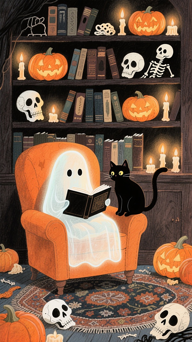 插画风与哥特风格融合，拟人化幽灵在南瓜灯与烛光中静读，黑猫相伴，水彩质感营造梦幻温馨的万圣节故事场景。