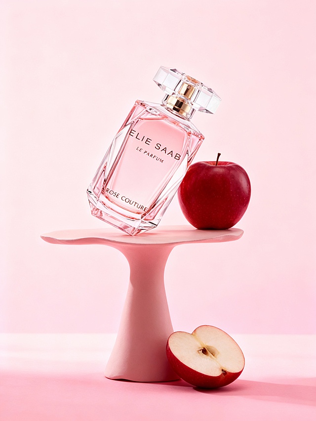 清新柔美的商业产品摄影风格，高质感精细渲染；画面采用全粉色系的柔和渐变色调，整体温柔清新且质感细腻；以平视中景视角、中心陈列式构图呈现，视觉重心聚焦于产品；产品呈倾斜角度，放置于不规则的瘦高异形展示台的顶部区域，旁侧搭配红苹果(一颗完整，一颗切对半)；展示台作为产品的柔和承载基座，苹果元素呼应产品主题并增强自然质感，背景的浅粉渐变烘托清新氛围，所有元素围绕产品构建温柔清新的陈列场景；浅景深效果与柔和元素的搭配布局