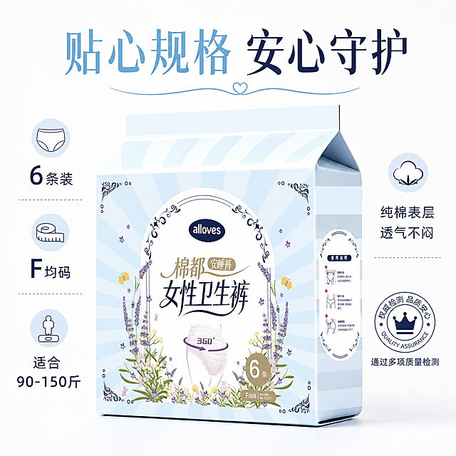 [主图-5] 规格信息与信任背书，促使用户下单。[氛围风格] 清晰直白实用风格；[画质] 商业摄影质感，光线柔和通透，产品清晰真实，画面干净高级。[元素] 棉都安睡裤包装盒居中，左侧展示产品规格信息：包含6条装 F均码，适合90-150斤，右侧放置安全认证徽章，整体排版整齐，保持产品外观与输入产品图绝对一致，杜绝变形色差；[光影] 均匀明亮柔光，信息展示清晰；[配色] 浅白背景，浅蓝+深蓝文字，清晰干净；[视角构图] 居中产品+左右分栏信息，干净整齐；[文字版式] 顶部大字写"贴心规格 安心守护"，下方分栏标注：左侧规格"6条装 F均码 适合90-150斤"，右侧核心提示"纯棉表层 透气不闷"，右下角放置品质认证小徽章，文字主次分明，清晰易读；[比例分辨率] 1:1比例，4k分辨率，文字清晰可辨，超高清；[负向提示词] 变形，水印，文字错乱，产品图模糊，背景杂乱。