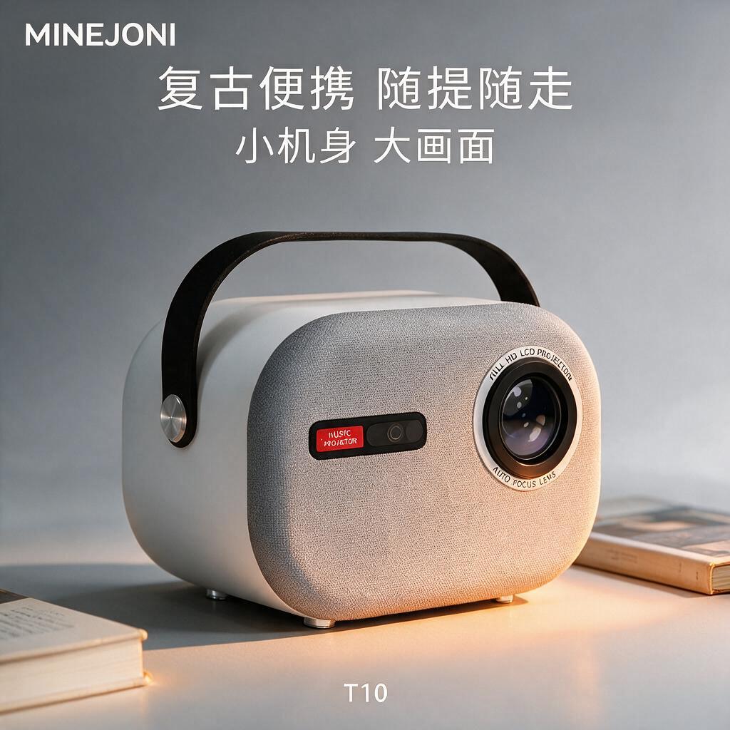 局部编辑这张T10投影仪主图：1）将产品镜头外圈上半圈乱码文字… - 图片创意预览