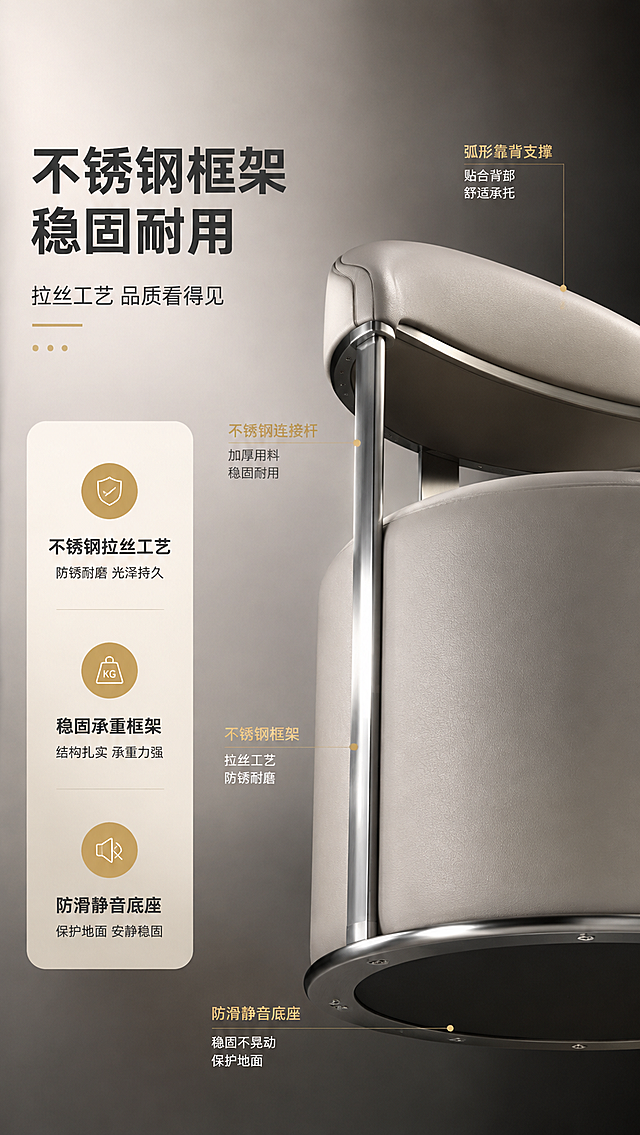 [商品] 使用【图1】DY-8821D客人位茶椅；保留不锈钢拉丝金属框架、靠背金属连接杆、圆形底座、整体结构比例；商品处理：增强金属拉丝纹理与光泽，突出框架的稳固感与工艺细节，不改变产品结构。
[画面] 目标：结构框架页，展示不锈钢拉丝工艺与稳固性。左右分栏构图，左侧约2/5文案区，右侧为产品框架结构特写；产品角度偏仰视，突出金属框架的支撑结构与拉丝纹理细节，框架占画面约50%；背景为深灰渐变衬托金属光泽，搭配结构引线标注关键部位。
[视觉] 套系策略：风格=现代轻奢亮调商业摄影；标题字=现代简约粗黑体；正文字=简洁无衬线体；主色=米白+浅灰；背景延展=基于米白浅灰做同色系深浅渐变、细腻哑光质感与暖调光影；强调色=香槟金，仅用于小面积图标、引线和标签点缀；标题色=深炭灰；正文色=中暖灰；组件=圆角浅底信息卡、细线引线、简约icon；光影=左前侧暖柔自然光，明亮通透，阴影柔和。
[文字] 左侧文案区：主标题「不锈钢框架 稳固耐用」，副标题「拉丝工艺 品质看得见」，3个结构卖点（不锈钢拉丝工艺丨稳固承重框架丨防滑静音底座），右侧配引线标注框架关键部位，文字横排。
[规格] 图片比例9:16竖版，4K分辨率，负向提示：避免变形、错字、文字过小、框架结构改变、极限词、水印、二维码。