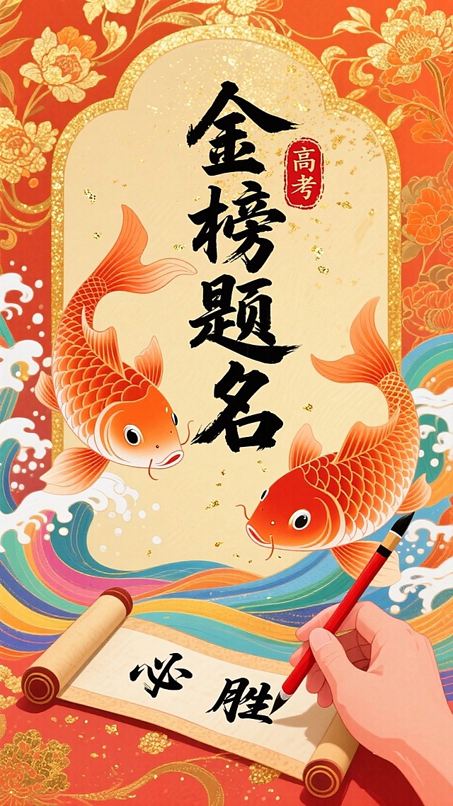 一个绑着红色丝带上面写着“录取通知书”字样的卷轴，丝带飘逸，特写镜头，红色中式金色花纹背景，金色光效，简约有质感，有景深，标题“高考必胜”，用于高考海报设计
