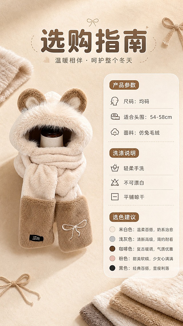 [商品] 使用【图8】米白拼卡其小熊耳朵毛绒三件套假模图；保留小熊耳朵、蝴蝶结刺绣、一体结构、毛绒材质、布标；增强绒面质感，不改变版型和颜色。
[画面] 产品信息与选购指南页，目标收尾转化提供选购参考；左侧假模正面展示，右侧信息卡区域；背景为浅米色纸张质感台面，搭配折叠的毛绒面料小样与小蝴蝶结装饰，柔和投影。
[视觉] 套系策略：风格=简约暖调冬日奶系商业摄影；标题字=圆润柔和无衬线粗体；正文字=简洁纤细无衬线体；主色=奶杏米白；背景延展=基于奶杏米白做深浅渐变、同色系柔和色块与细腻毛绒/纸张质感；强调色=卡其棕，仅用于小面积图标、引线和标签点缀；标题色=深奶茶棕；正文色=中暖灰；组件=圆角信息表格、细线分割、小图标；光影=正上方暖柔光。
[文字] 上方主标题"选购指南"，下方分三模块：「产品参数」（均码/适合头围54-58cm/面料仿兔毛绒）、「洗涤说明」（轻柔手洗/不可漂白/平铺晾干）、「选色建议」（5色风格简述），文字全部横向排版，字号保证手机端清晰可读。
[规格] 图片比例9:16竖版，4K分辨率，避免变形、错字、文字过小、冷蓝背景、颜色改变、版型失真、极限词。