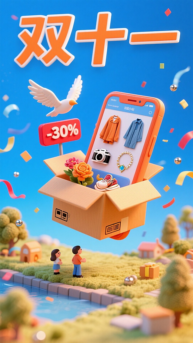 软3D风微缩艺术场景，卡通人物仰望悬浮快递箱，内含手机与商品，喜庆彩带飘扬，营造梦幻促销氛围，突出双十一优惠主题。
