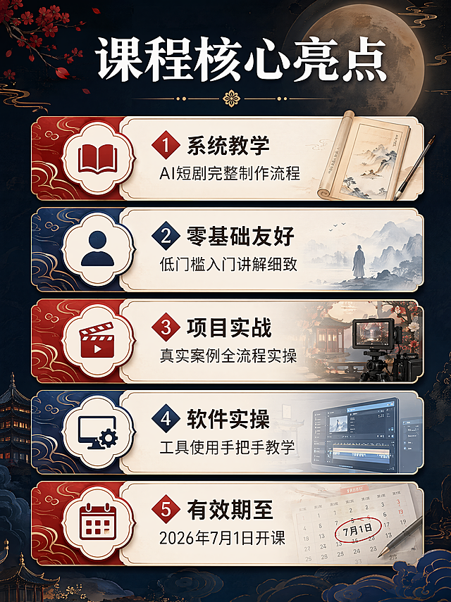 [主图-3] AI短剧制作课程内容亮点展示图。整体风格和首图统一，国潮深色调，保留古风设计感。画质商业设计质感，文字清晰，画面高级干净。元素：分模块展示核心课程内容，五个卖点分卡片排列，背景保留淡淡的古风圆月元素做装饰。主体占比70%，满屏无边框。配色和首图保持统一，深底搭配红蓝亮色突出重点。文字版式：顶部主标题"课程核心亮点"白色大字加粗；分五个模块卡片，每个卡片带图标+文字：1 系统教学 AI短剧完整制作流程；2 零基础友好 低门槛入门讲解细致；3 项目实战 真实案例全流程实操；4 软件实操 工具使用手把手教学；5 有效期至 2026年7月1日开课；卡片用浅色底深色字，标题加粗，信息清晰。所有文字清晰可读，不挤不乱，层级分明。比例分辨率 3:4 比例，4k 分辨率；文字清晰锐利，画面超高清。负向提示词 变形，水印，文字错乱，产品图模糊，背景杂乱，蚂蚁字，文字遮挡主体