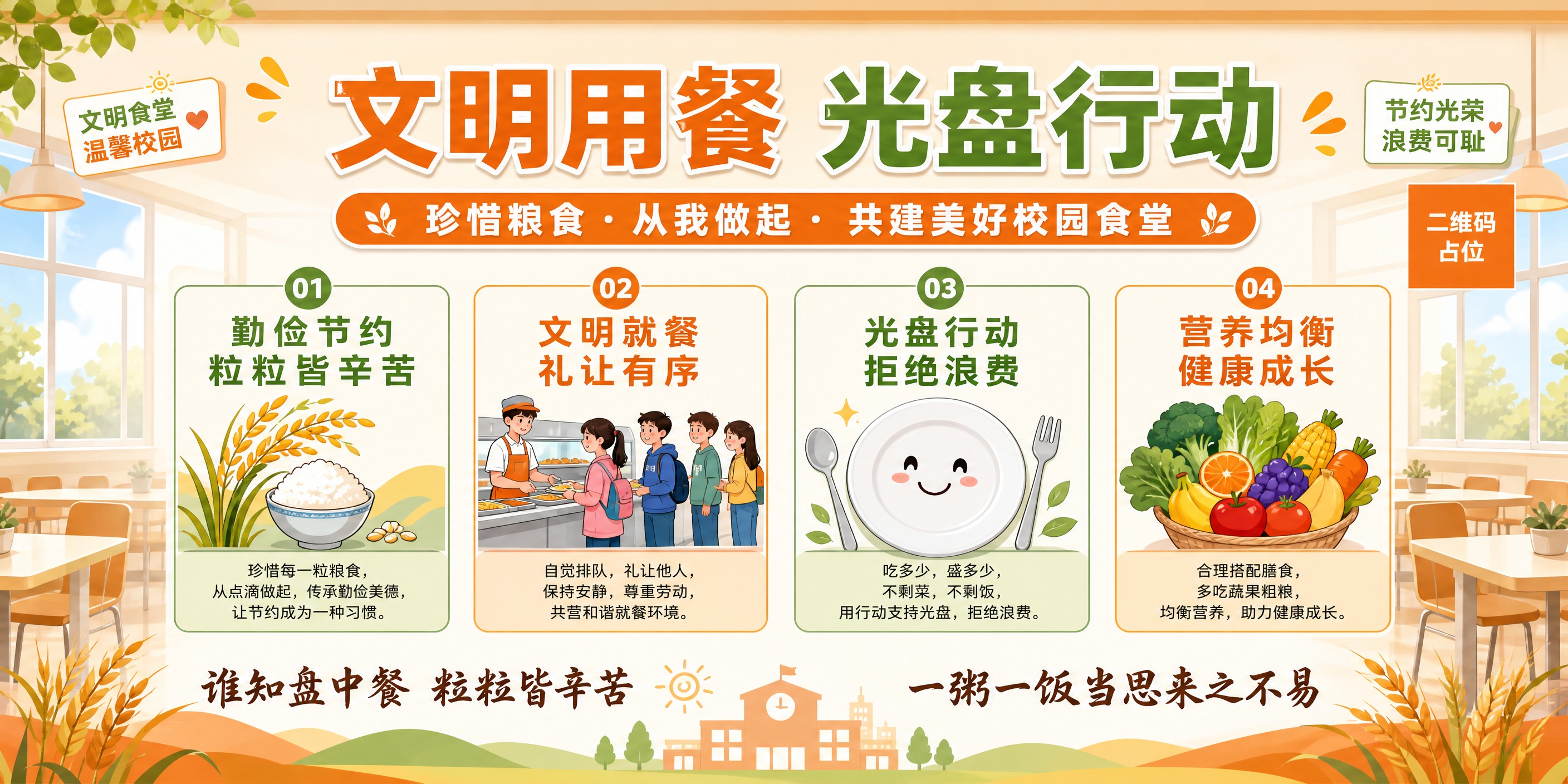 校园食堂文化墙设计，横版超宽幅画面，清新温暖的校园风格。画面主… - 图片创意预览