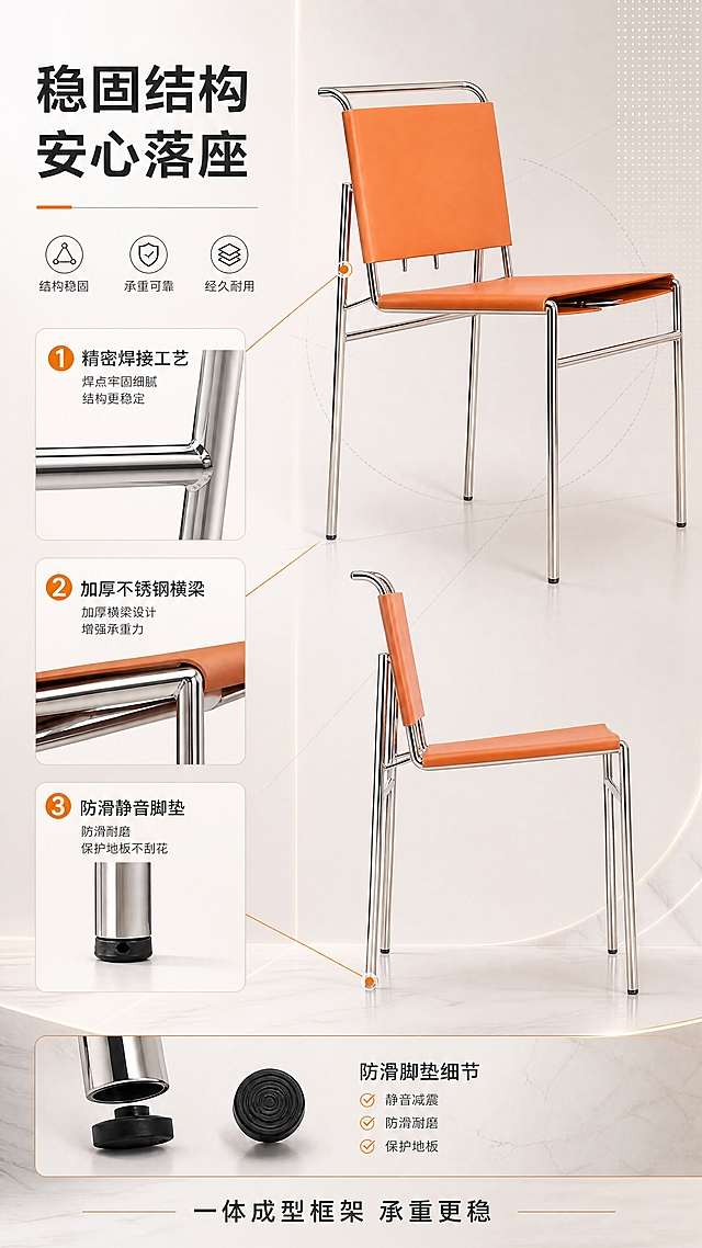 [商品] 使用【图1】B2505吧椅；保留橙色马鞍硬皮坐面与靠背、镜面亮光不锈钢椅架、整体结构比例和颜色；重点展示椅架结构、焊接点与支撑腿细节，不改变产品结构。
[画面] 目标：结构框架解析页，深度说服稳固性。右侧产品正侧视大图（占画面60%），左侧结构说明区；椅架关键部位（焊接处、横梁、椅腿底部）用引线标注放大；底部展示防滑脚垫特写；背景为浅灰渐变+几何辅助线。
[视觉] 套系策略：风格=高级大气现代轻奢商业摄影；标题字=现代无衬线粗体中文；正文字=简洁无衬线体；主色=暖白+金属银+暖橙；背景延展=基于暖白做深浅层级、同色渐变和细腻石材/金属质感；强调色=暖橙色，仅用于小面积图标、引线和标签；标题色=深炭灰；正文色=中暖灰；组件=细线引线、圆角浅底信息卡、金属质感分割线；光影=左前侧暖柔光，金属椅架有清晰高光反射。
[文字] 左上主标题「稳固结构 安心落座」（8字）；引线标注3处：「精密焊接工艺」「加厚不锈钢横梁」「防滑静音脚垫」；底部一行副标题「一体成型框架 承重更稳」。
[规格] 图片比例9:16竖版，4K分辨率，负向提示：避免变形、错字、文字过小、冷蓝/蓝灰背景、产品颜色改变、结构失真、极限词、平台Logo水印。
