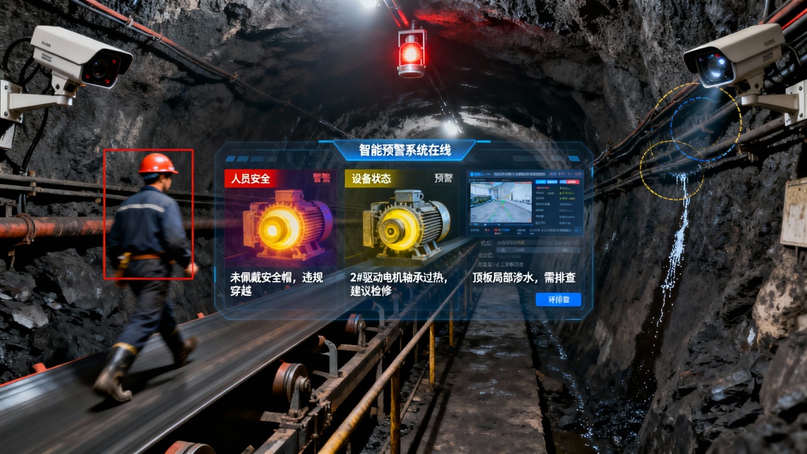 煤矿井下运输巷与综采面交汇区域，环境粗砺昏暗。画面左侧，一名矿工未戴安全帽，正违规试图快速穿越运行的皮带机，其行为被一台防爆AI摄像机锁定，红色识别框持续跟踪。

画面中部，同一摄像机通过热成像模式监预览效果