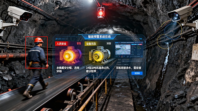 煤矿井下运输巷与综采面交汇区域，环境粗砺昏暗。画面左侧，一名矿工未戴安全帽，正违规试图快速穿越运行的皮带机，其行为被一台防爆AI摄像机锁定，红色识别框持续跟踪。

画面中部，同一摄像机通过热成像模式监测着驱动电机，一处轴承位置呈现异常的亮黄色高温区。画面右侧巷道顶板，有少量水迹渗出，被另一台摄像机的分析算法圈出。

在区域中央，悬浮着一个集成的半透明数据预警面板，面板分为三个区域实时显示分析结果：

人员安全：显示“未佩戴安全帽，违规穿越”的红色告警。

设备状态：显示“2#驱动电机轴承过热，建议检修”的黄色预警。

环境风险：显示“顶板局部渗水，需排查”的蓝色提示。
面板顶部有“智能预警系统在线”状态标识。

巷道顶部的声光报警器已触发，发出警示。同时，在画面远景的监控站内，大屏幕上正同步显示着上述所有预警的详细信息、位置定位及处置工单流转状态。整个场景在真实的井下环境中，通过多目标识别、多维数据融合与即时联动响应，生动诠释了AI智能预警系统如何实现对人员、设备、环境的全天候、一体化安全守护。