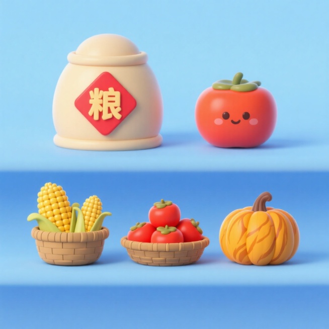 4个中秋素材组合，可爱电商促销感。素材包括：第一个粮仓（贴着带有 “粮” 字的红色菱形福字）；第二个一筐玉米；第三个一筐柿子；第四个南瓜。画面整体呈现鲜艳效果，淡蓝色背景。上下两行，排列整齐预览效果