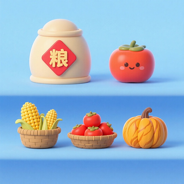 4个中秋素材组合，可爱电商促销感。素材包括：第一个粮仓（贴着带有 “粮” 字的红色菱形福字）；第二个一筐玉米；第三个一筐柿子；第四个南瓜。画面整体呈现鲜艳效果，淡蓝色背景。上下两行，排列整齐