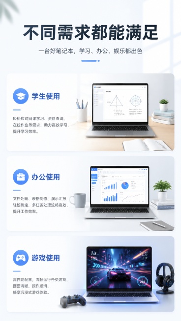 简约浅色页面展示笔记本使用的三个常见场景，9:16竖版，文字清晰可读。页面标题为不同需求都能满足，分三个板块：学生使用、办公使用、游戏使用，每个板块配简约示意图和简短说明，整体风格浅色系，背景干净明亮预览效果