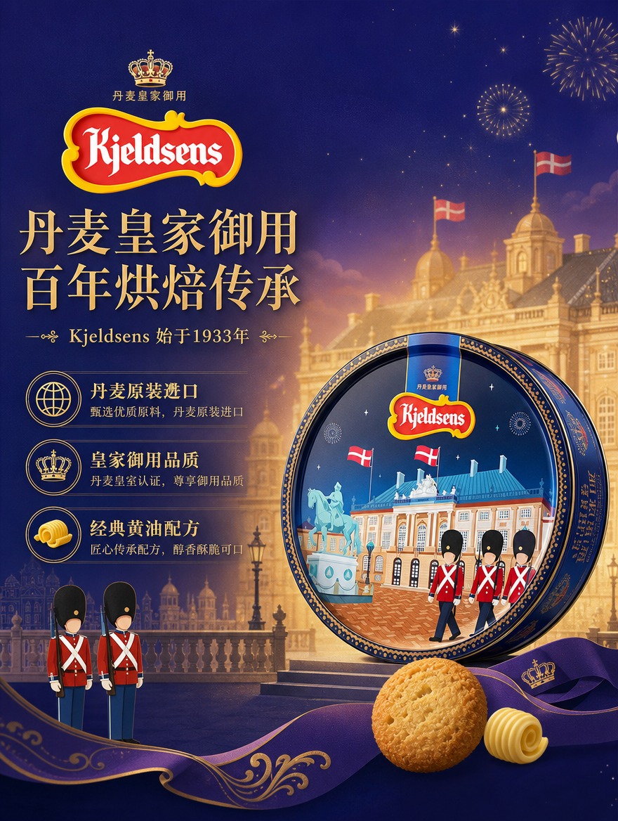 丹麦蓝罐曲奇品牌历史页，左文右图，右侧宫殿款铁盒清晰展示，左侧… - 图片创意预览