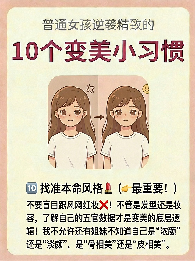 保留主标题“普通女孩逆袭精致的10个变美小习惯”，将下方内容替换为“🔟 找准本命风格💄（👈最重要！）不要盲目跟风网红妆❌！不管是发型还是妆容，了解自己的五官数据才是变美的底层逻辑！我不允许还有姐妹不知道自己是“浓颜”还是“淡颜”，是“骨相美”还是“皮相美”。”，保持原有的卡通温馨风格