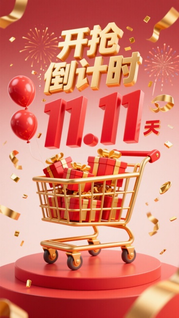 超大号红色卡通购物车，车筐内装满红金礼盒和 “11.11” 气球，车轮边缘镀金色；购物车上方用金色艺术字写 “开抢倒计时”，下方搭配红色立体字 “5 天”；周围漂浮金色丝带、小型烟花、碎金片，背景为浅预览效果