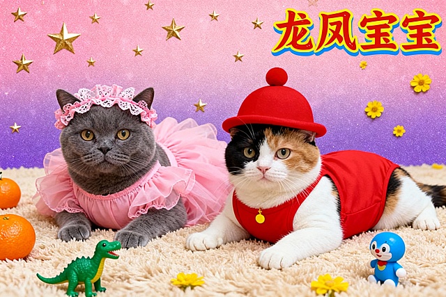 70年代影楼风格写真，微噪点感，两只拟人化装扮的宠物趴在米色毛绒地毯上：左边为宠物参考图1，戴粉色蕾丝褶皱发带，穿同色系蓬松婴儿裙，眼神呆萌；右边为宠物参考图2，戴红色圆顶婴儿帽，穿红色包屁衣（胸口有黄色小装饰），表情懵懂。背景是粉紫渐变柔光底色，点缀金色星星、黄色小花装饰，右上角有红黄蓝渐变的中式“龙凤宝宝”艺术字。地毯上散落着橙色橘子摆件、绿色小恐龙玩具、蓝色卡通玩偶，整体色彩饱和度极高，画风甜腻喜庆，呈现出“土甜可爱”的怀旧喜庆氛围。