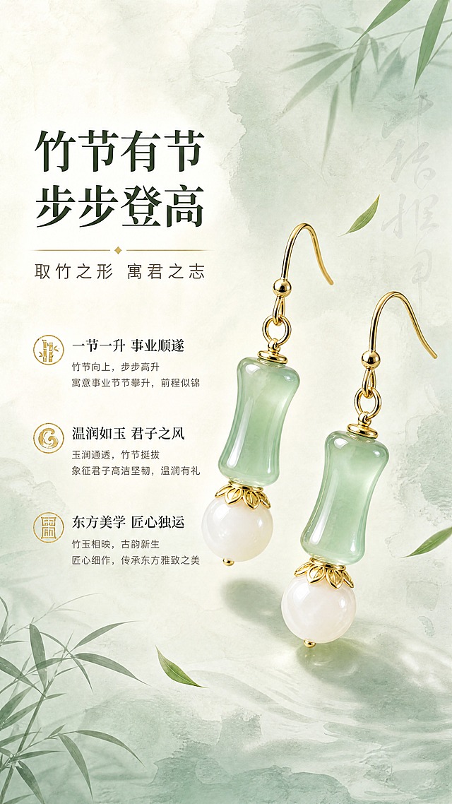 [商品] 使用【图1】节节高升耳环；保留竹节造型、浅绿色仿玉珠、白色圆珠、金色耳钩的完整结构与颜色；重点修正：白色圆珠顶部的金色连接件为花瓣形花托/花片造型（带花瓣边缘的金色帽托，不是光面圆环），花托花瓣轮廓清晰可见，与实物一致；增强玉石通透感和金属光泽。
[画面] 目标：设计寓意解读，讲好东方美学故事。构图：左文右图，右侧耳环斜向悬浮展示，左侧大面积留白放文案；主体占画面约40%。背景：淡青色水墨晕染背景，隐约有毛笔书法笔触和竹影，点缀几片飘落竹叶；柔和顶光，耳环下方有淡淡投影，花托花瓣细节在光线下清晰。
[视觉] 套系策略：风格=新中式国风轻奢商业摄影；标题字=宋体衬线粗体；正文字=简洁无衬线体；主色=浅豆绿+米白+暖金；背景延展=基于浅豆绿做水墨晕染、深浅渐变和宣纸纹理质感；强调色=暖金色，仅用于小面积图标、引线和标签；标题色=深墨绿；正文色=暖灰褐；组件=细线分隔、竹叶装饰元素、印章式小图标；光影=顶侧暖柔光，氛围朦胧雅致。
[文字] 左侧横排排版：主标题"竹节有节 步步登高"，副标题"取竹之形 寓君之志"，下方3段短文案「一节一升 事业顺遂」「温润如玉 君子之风」「东方美学 匠心独运」，文字不遮挡耳环。
[规格] 图片比例9:16竖版，4K，花托花瓣造型准确，避免变形、错字、文字过小、冷蓝背景、耳环颜色改变、结构失真。