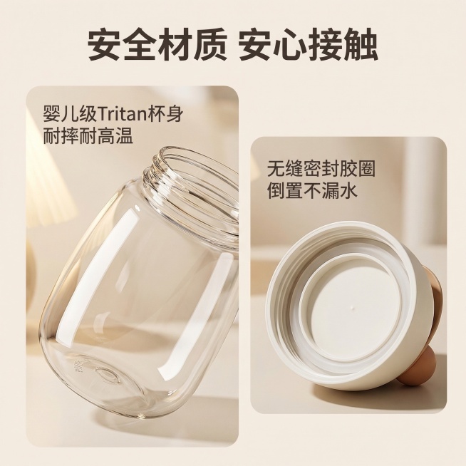 [主图3]：帽帽熊水杯材质细节展示，[氛围/风格]舒适简约、家居治愈、侧逆光清透感，[画面元素]左侧放大特写透明杯身的Tritan材质，通透无杂质，右侧展示杯盖内侧的密封硅胶圈细节，所有水杯均为非保温预览效果