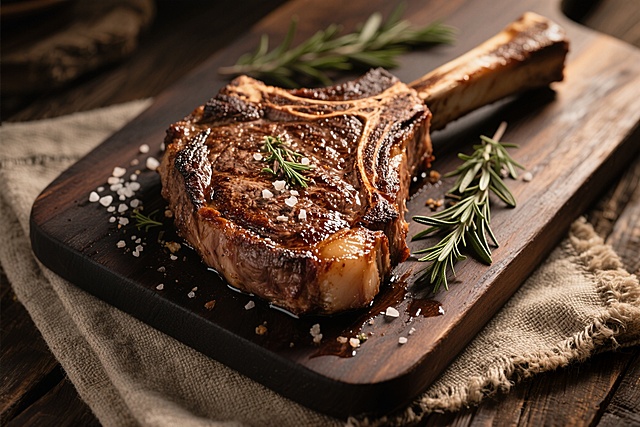 复古油画风与木雕质感结合，实景光影下呈现质朴粗犷的牛排，佐以迷迭香与粗盐，尽显节日盛宴的温暖氛围。