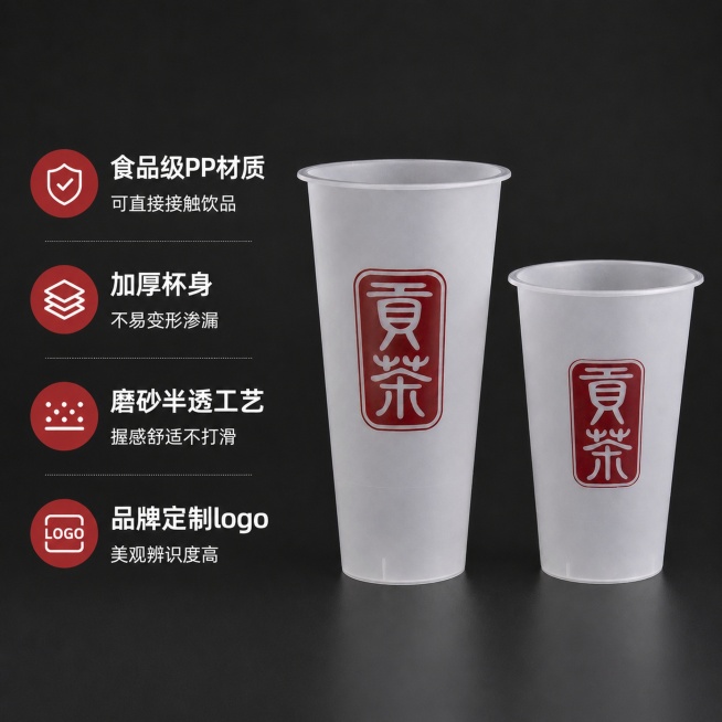 [主图-2] 贡茶奶茶杯核心卖点展示图。[氛围风格] 简洁可信商业风，突出产品卖点信息。[画质] 商业摄影质感、光线柔和通透、产品清晰真实、画面干净高级。[元素] 左侧垂直排列卖点文字列表，右侧主体展预览效果