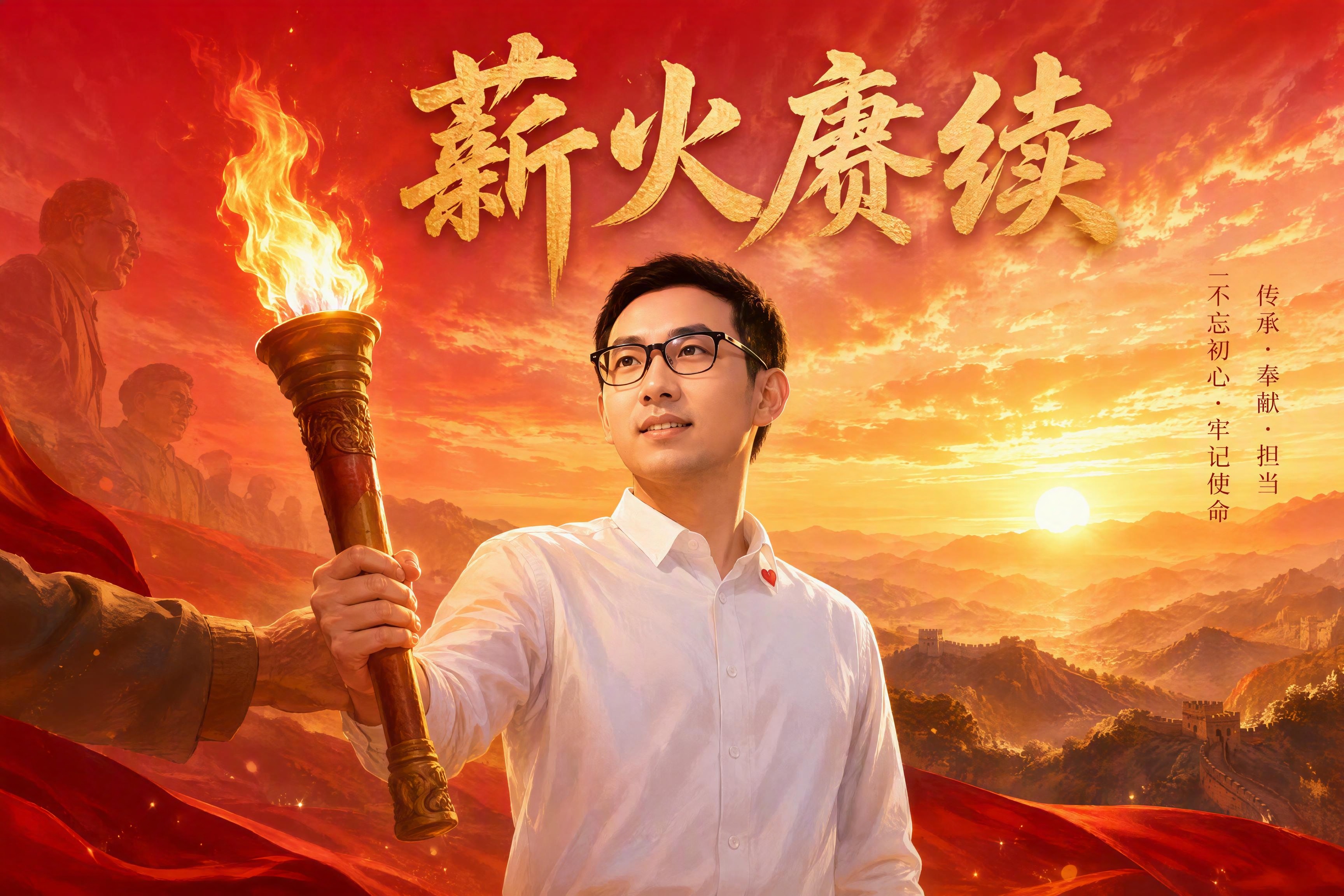 一幅庄重大气的主题画作，主题为"薪火赓续"。画面主体是一位戴黑… - 图片创意预览