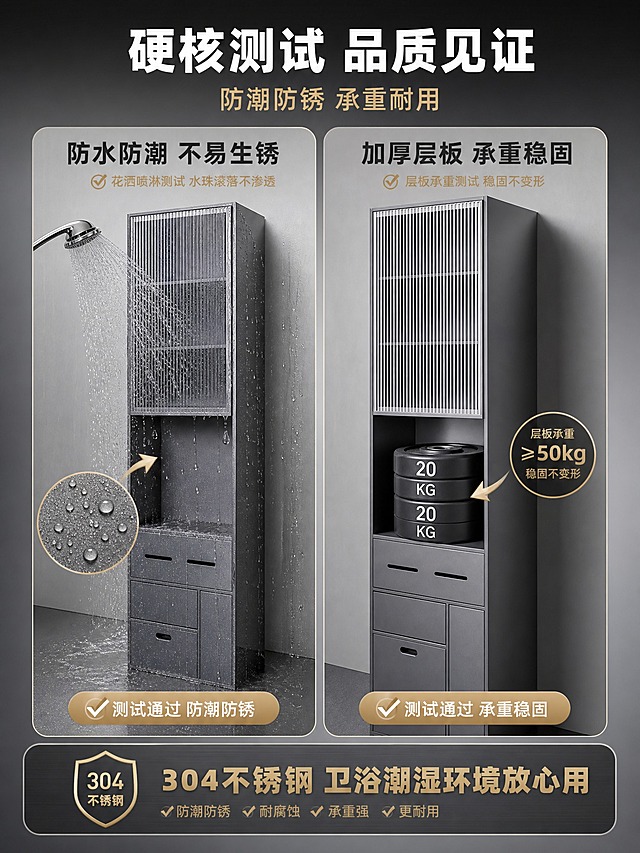 [商品] 使用【图8】枪灰色长虹玻璃窄款不锈钢壁龛；保留枪灰金属质感与整体结构；用于防水测试与承重测试场景。
[画面] 页面目标：功能测试，验证防潮防锈承重性能。构图：左右分栏对比，左侧防水测试（花洒喷淋壁龛表面，水珠滚落不渗透），右侧承重测试（层板上放置重物展示承重能力）；顶部主副标题；底部测试结论条；背景为深灰到浅灰渐变突出测试场景。
[视觉] 套系策略：风格=现代轻奢商业摄影；标题字=现代无衬线粗黑体；正文字=简洁无衬线体；主色=枪灰+高级灰；背景延展=深灰渐变背景、测试台环境；强调色=香槟金；标题色=白色/深炭灰；正文色=中暖灰；组件=圆角测试框、结果标签、箭头指示；光影=侧前硬光突出水珠与金属质感。
[文字] 顶部主标题「硬核测试 品质见证」，副标题「防潮防锈 承重耐用」；左侧标注「防水防潮 不易生锈」，右侧标注「加厚层板 承重稳固」；底部结论条「304不锈钢 卫浴潮湿环境放心用」；文字均横排。
[规格] 比例3:4竖版，2K分辨率；负向：变形、错字、糊字、测试场景不真实、产品颜色改变、结构错乱、冷蓝调过重、水印。