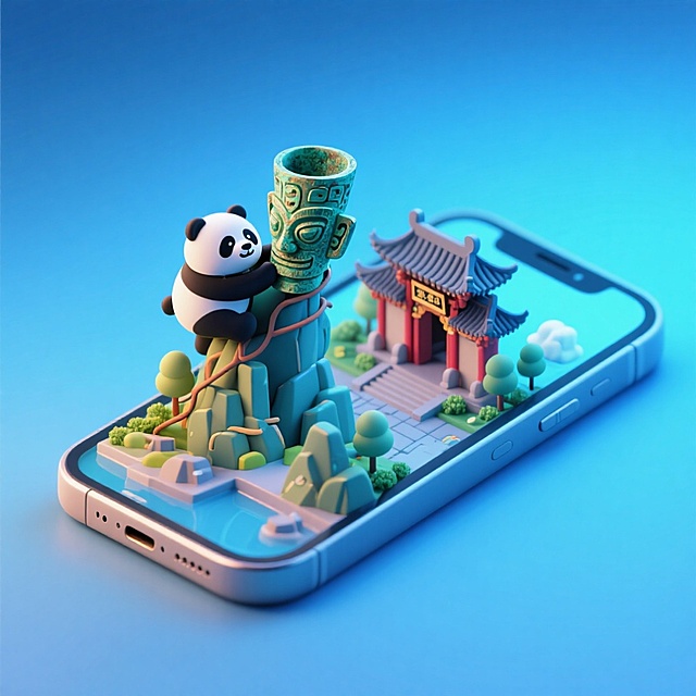软3D风微缩艺术，熊猫攀爬青铜器山峰，古建筑与手机融合，梦幻科技感十足，萌趣可爱，节日氛围温馨。
