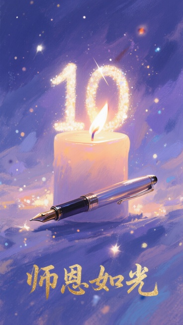 一支正在燃烧的蜡烛，烛火巧妙地变形为数字“10”，温暖的光芒照亮周围。烛身是一支精致的钢笔。背景是深邃而温柔的蓝紫色夜空，星光点点。烫金质感的艺术字体“师恩如光”在蜡烛下方展开，笔画中融入了微小的星辰预览效果