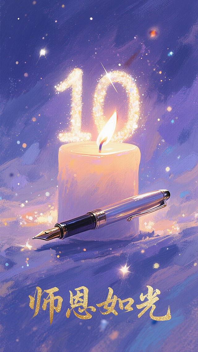 梦幻水彩风插画，烛光与钢笔交织，大字“师恩如光”闪耀，节日氛围浓厚。