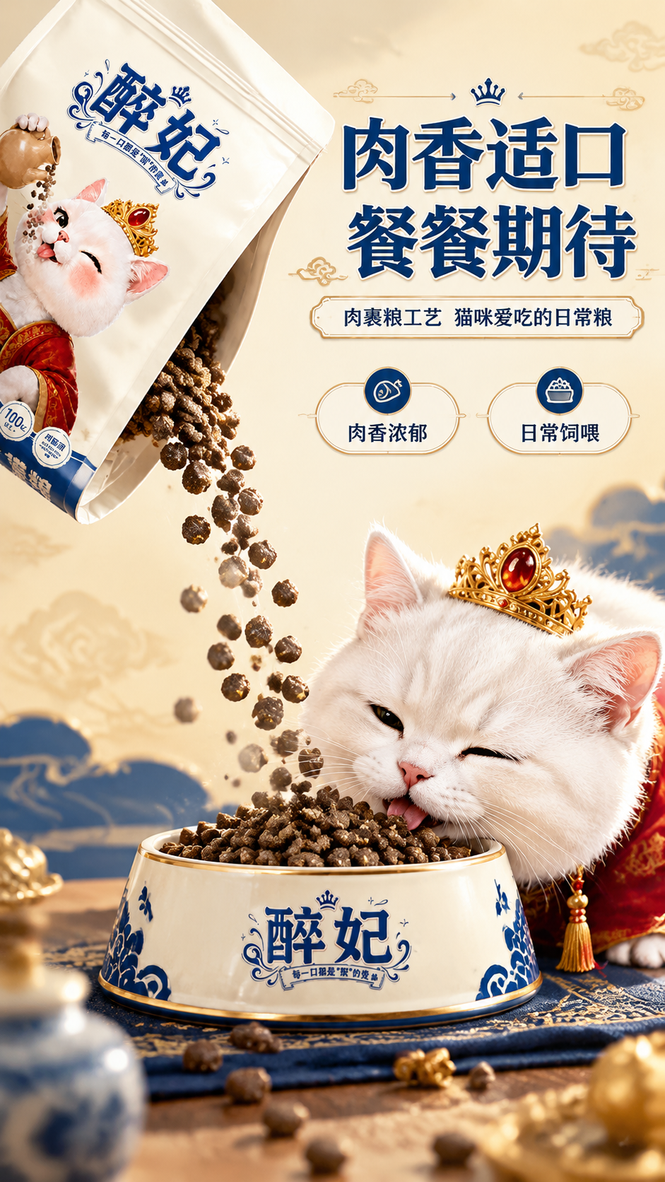 [商品] 使用【图1】醉妃猫粮包装袋置于画面左上方，袋口微开做… - 图片创意预览